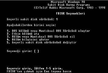 MS-DOS KOMUTLARI Eğer FAT32 yi kullanılacak ise EVET, eski dosya sistemi olan FAT16 yi kullanılacak ise HAYIR seçilir.