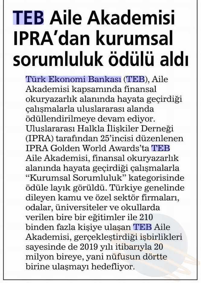 TEB AILE AKADEMISI IPRA DAN KURUMSAL SORUMLULUK ÖDÜLÜ ALDI Yayın Adı : Habertürk