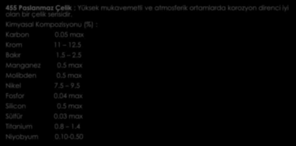 455 Paslanmaz Çelik ; Yüksek mukavemetli ve atmosferik ortamlarda korozyon direnci iyi olan bir çelik serisidir. Kimyasal Kompozisyonu (%) : Karbon 0.