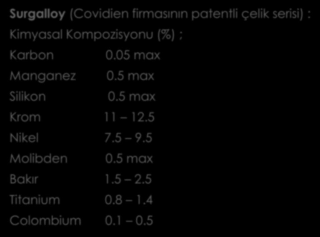 Surgalloy (Covidien firmasının patentli çelik serisi) : Kimyasal Kompozisyonu (%) ; Karbon 0.05 max Manganez 0.