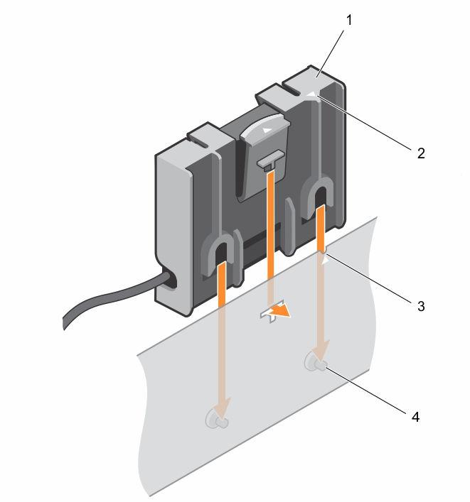Rakam 18. Pil taşıyıcısının değiştirilmesi 1. pil taşıyıcısı 2. pil taşıyıcısı üzerindeki tırnak 3. kasa üzerindeki kılavuz yuvası 4. kasa üzerindeki kılavuz pimleri 9.