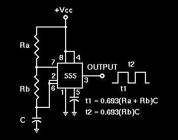 If we rearrange the circuit slightly so that both the trigger and threshhold inputs are controlled by the capacitor voltage, we can cause the 555 to trigger itself repeatedly.