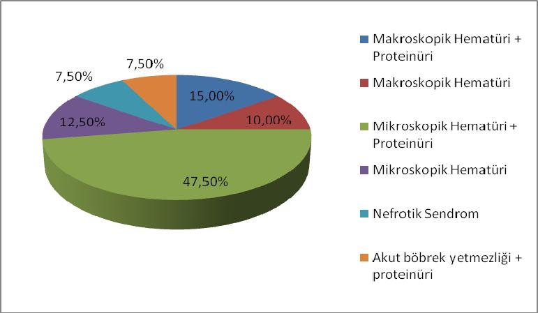 4.2 Biyopsi Nedenleri Hastaların % 25 inde makroskopik hematüri vardı. En sık biyopsi nedeni ise % 60 ile mikroskopik hematüriydi.