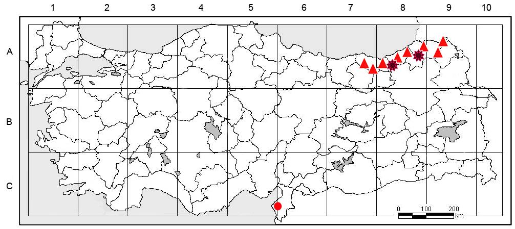 H.YıldırımveS.Aslan/BağbahçeBilimDergisi22)2015:33741 40 TEŞEKKÜR Şekil Figure) 4. ), S. alinihatiana ), S. arsusiana ) ve S. monanthos türlerinin yayılış alanları.