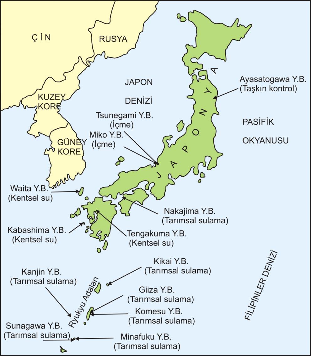 Şekil 6.19. Japon adalarındaki yeraltı barajlarının dağılımı (JGRC 2001) 6.5.1. Kabashima Yeraltı Barajı Kabashima adası Japonya nın güneybatısında, Japonya yı oluşturan büyük adalara yakın bir konumdadır.