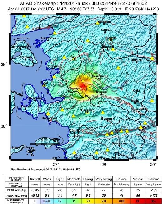 Şekil 9: 21 Nisan 2017 Manisa-Şehzadeler depremi ShakeMap sarsıntı haritası. Depremin merkezinde en büyük şiddet VII olarak gözlenmiştir.