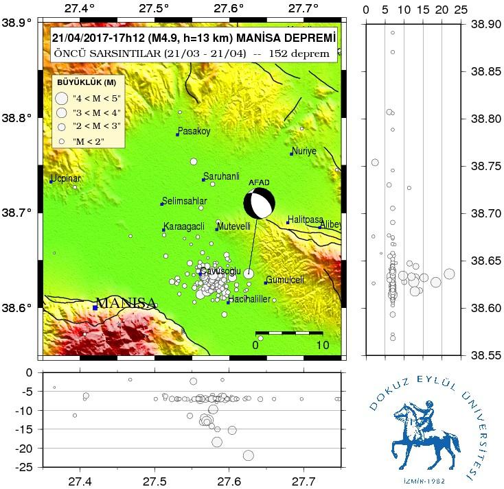 Şekil 3: Manisa-Şehzadeler 21.04.2017-17h12 (Mw4.9) depremi öncesi son 1 ay a ait AFAD deprem etkinliği. Odak mekanizması çözümü verilen deprem, 19.04.2017 (13:23) tarihinde ~22 km derinlikte meydan gelen Mw=4.
