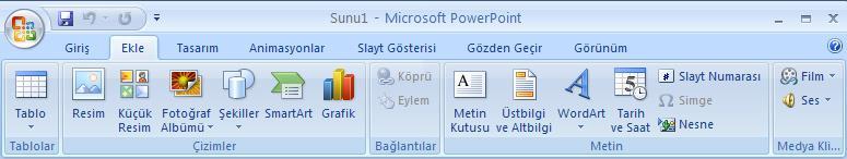 2. EKLE: Bir sunuya; tablo, resim, diyagram, grafik, metin kutusu, ses, köprü, üst ve alt bilgi gibi nesneleri eklemek için kullanılan sekmedir. KOMUT İŞLEVİ Sunuya tablo eklenmesini sağlar.