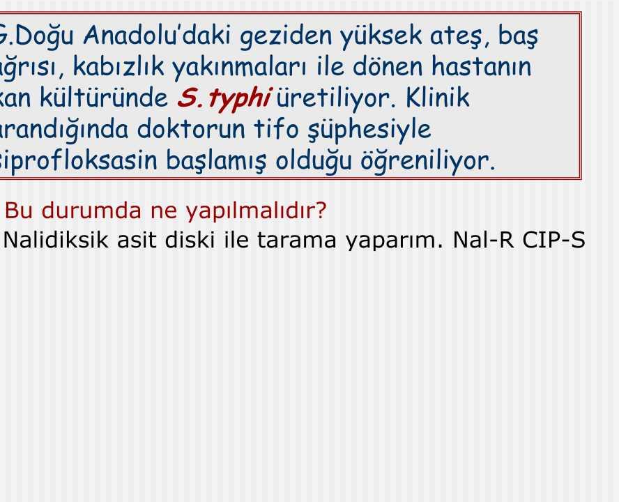 G.Doğu Anadolu daki geziden yüksek ateş, baş ağrısı, kabızlık yakınmaları ile dönen hastanın kan kültüründe S.typhi üretiliyor.