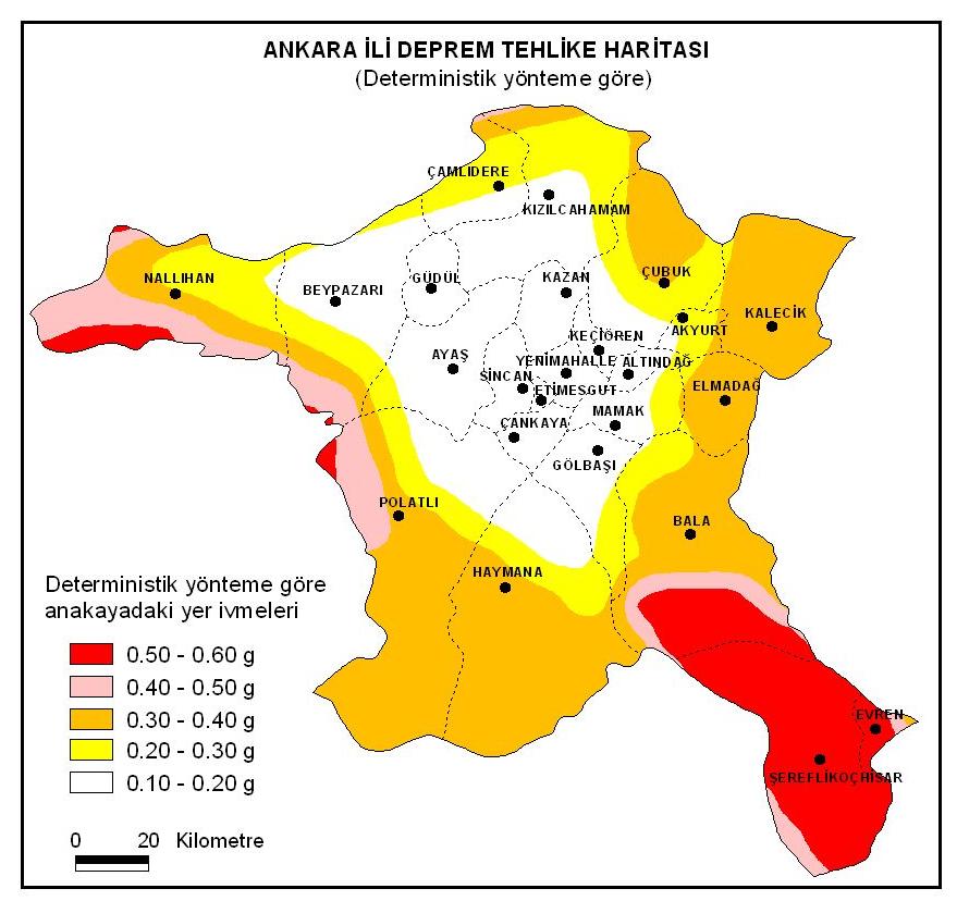 , [57] azalım ilişkisine göre) (Seismic hazard maps for Ankara by using the deterministic method ((a) according to Gülkan and Kalkan [52] (b) Boore et al.