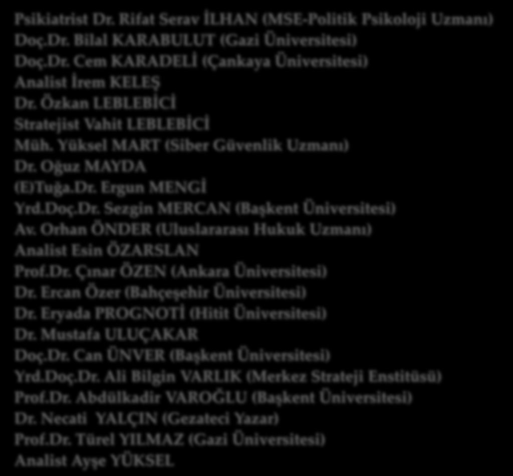 KURUMSAL Bilim Kurulu (2) Psikiatrist Dr. Rifat Serav İLHAN (MSE-Politik Psikoloji Uzmanı) Doç.Dr. Bilal KARABULUT (Gazi Üniversitesi) Doç.Dr. Cem KARADELİ (Çankaya Üniversitesi) Analist İrem KELEŞ Dr.