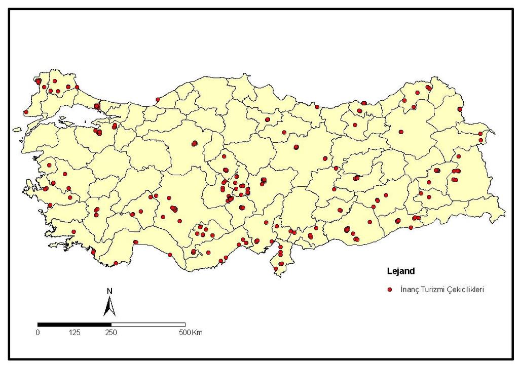 Şekil 1: Türkiye de Üç Semavi Din Açısından İnanç Turizmi Kapsamında Değerlendirilebilecek Yerlerin İllere Göre Dağılışı Anadolu da tespit edilen 316 eserden 167 si İslam, 129 u Hıristiyan ve 20