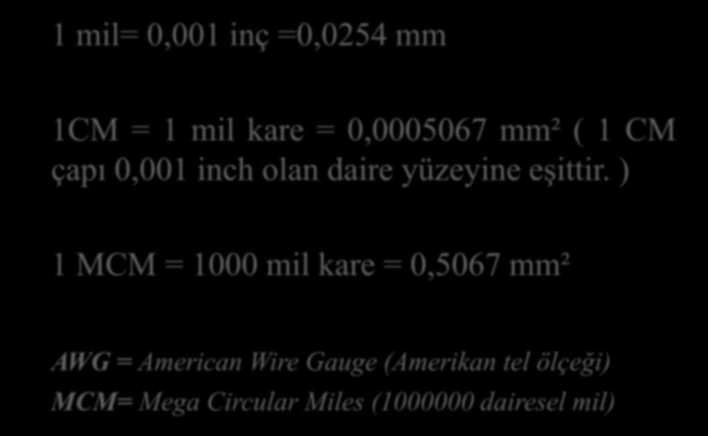 1 mil= 0,001 inç =0,0254 mm 1CM = 1 mil kare = 0,0005067 mm² ( 1 CM çapı 0,001 inch olan daire yüzeyine eşittir.