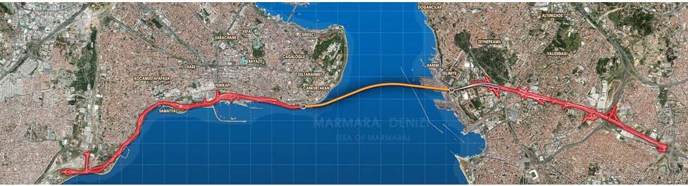 1.3 PROJEYE GENEL BAKIŞ Avrasya Tüneli Projesi, İstanbul Boğazı nın altında 5,4 km uzunluğunda çift katlı bir karayolu tünelinin inşa edilmesini ve işletilmesini içermektedir.