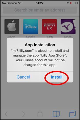 17. Lilly App Store için App Installation (Uygulama Yükleme) ekranı görüntülendiği zaman, Install (Yükle) düğmesine dokunun. iphone Kaydı Kılavuzu 18.