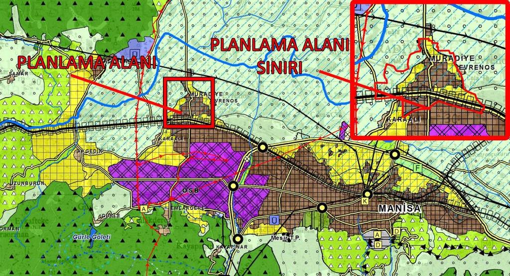 7.ÜST ÖLÇEK PLAN KARARLARI Planlama çalışmasına konu olan Muradiye Mahallesini kapsayan üst ölçekli plan olarak, İzmir-Manisa Planlama Bölgesi 1/100.000 Ölçekli Çevre Düzeni Planı bulunmaktadır. T.C.