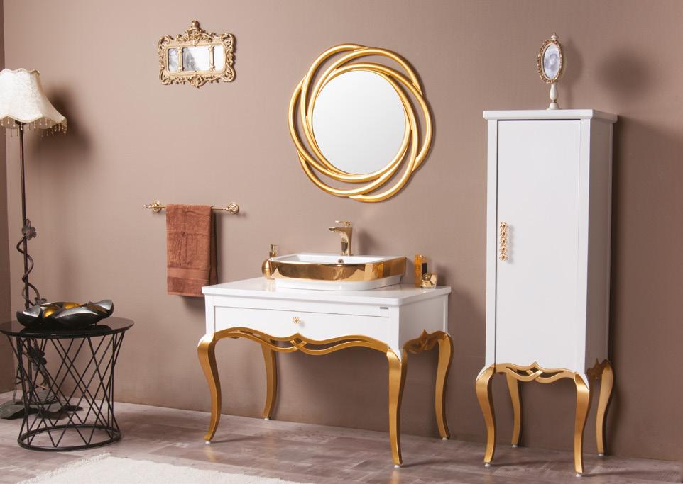 Vivaldi 100 cm banyo dolabı Altın renk kemerli, beyaz akrilk lake boyalı Vivaldi banyo dolapları altın bantlı seramik lavabo ile banyolarınıza zerafet katıyor 100 cm banyo