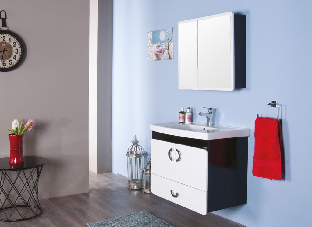 Letto 85 cm banyo dolabı Gövde MDF lam, kapaklar ve çekmece MDF üzeri beyaz lake boya, frenli kapaklar çekmeceler 50*85 cm etajerli seramik lavabo Frenli kapaklı kutulu ayna