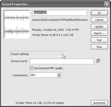 MP3 dosyasını seçip Open (Aç) düğmesine tıkladıktan sonra ses doğrudan Flash ı n içindeki kütüphaneye aktarılacaktır.