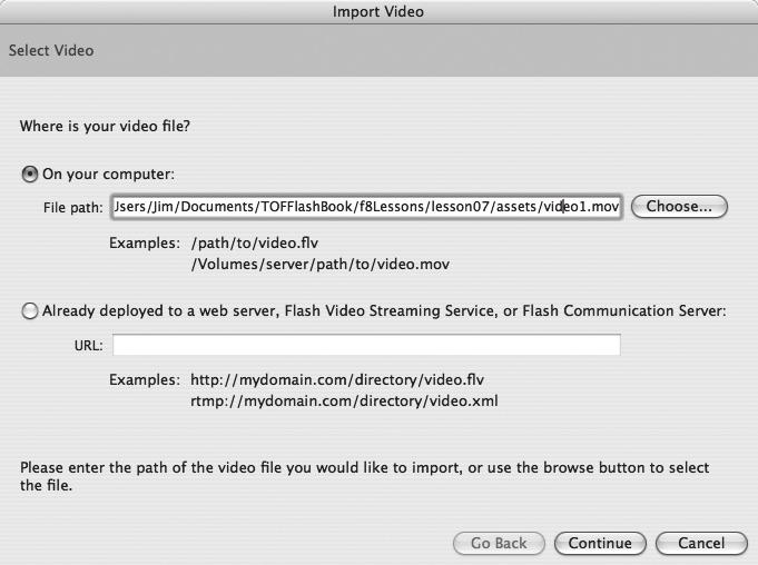 4. Video dosyasını Flash belgesine gömme seçeneğini işaretleyin ve ardından Continue düğmesine tıklayın.