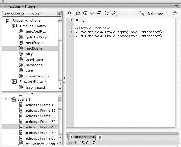 Söylediğimiz gibi, bir ProgressBar içeren her kareye ilgili ActionScript kodunun eklenmesi gerekir. Her sayfada, stop eylemi olan anahtar kareler vardır.