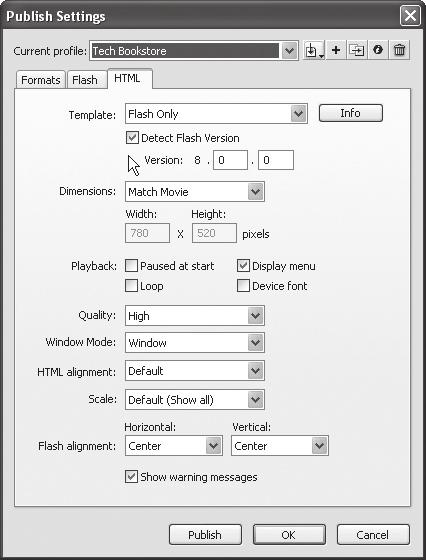 HTML sekmesinde bazı değişiklikler yapmanız gerekiyor. Bir Flash Player algılama sistemi oluşturmak için Detect Flash Version (Flash Sürümünü Tespit Et) onay kutusunu işaretleyin.