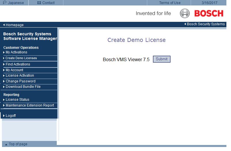 14 tr İlk adımlar Bosch Video Management System 2. Demo Lisansı Oluştur seçeneğine tıklayın. 3. Demo lisansları listesinde, Bosch VMS Viewer demo lisansı oluşturmak için Gönder öğesine tıklayın. 4.