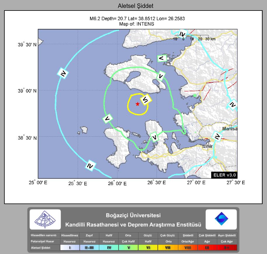 Deprem sonrasında otomatik olarak hazırlanan tahmini şiddet haritası