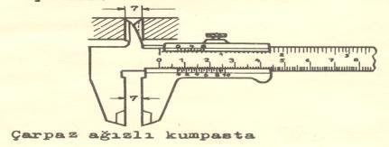 Kumpasla iç çap ölçümlerinin gösterilmesi Verniyerli sürmeli kumpaslarla dış çap ölçümü 1- Kumpas