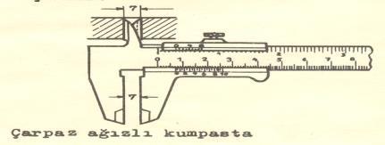 Verniyerli sürgülü kumpaslarla iç çap ölçümü 1- Kumpasın çeneleri ölçülecek ölçüden daha küçük olarak açılır 2- Sabit çene ölçülecek yüzeye dayatılır 3- Hareketli çene diğer