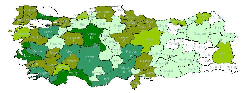 Coğrafi Dağılım Şeker Leasing, İstanbul Merkez ile Ankara, İzmir ve Gaziantep te bulunan bölge şubeleri yanı