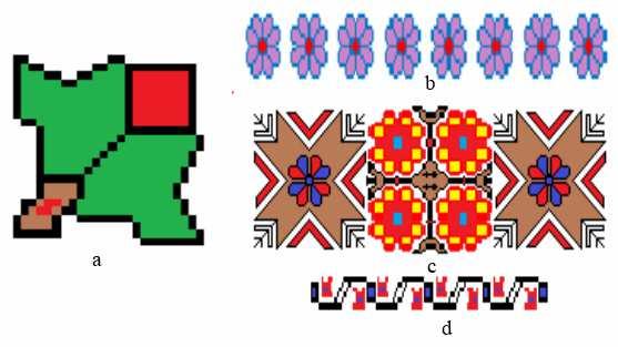 Dıştan içe doğru dar bordürde kösele (Şekil 6b) geniş bordürde ise yıldız ve peşkil motifleri ile oluşturulmuş yıldızlı su (Şekil 6c) deseni sıralanmaktadır.