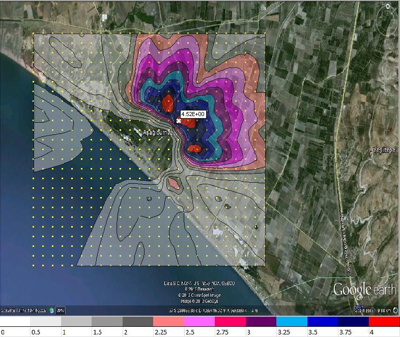 Şekil 6.18 : 2004 yılına ait PM 10 konsantrasyonu (µg/m 3 ) dağılımının gösterimi. Yıllık maksimum konsantrasyon 0,06216 µg/m 3 ile X: 239893, Y: 4091120 koordinatında bulunmuştur.