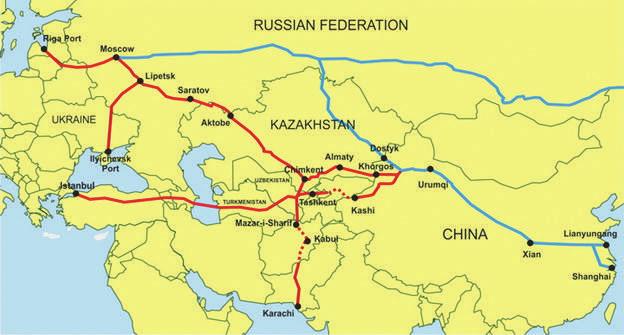 GÜNCEL 73 Most of the routes from China to Europe pass through Kazakhstan s broad territory, located strategically on the crossroads between Europe and Asia.