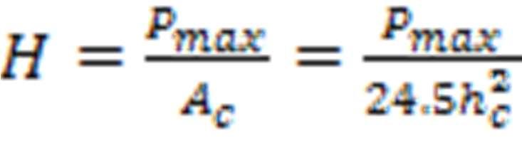 Başka bir deyişle, çentme sertliği (H) uygulanan maksimum yükün (P max ) kontak alanına (A c ) oranı olarak tanımlanır.