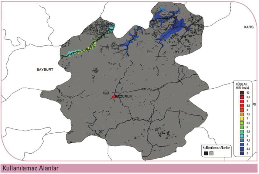 Harita 6: Erzurum İli Rüzgar Enerji Santralı Kurulabir Alanlar* Not: Gri renkli alanlara Rüzgar Santralı Kurulamayacağı Kabul Edilmiştir.