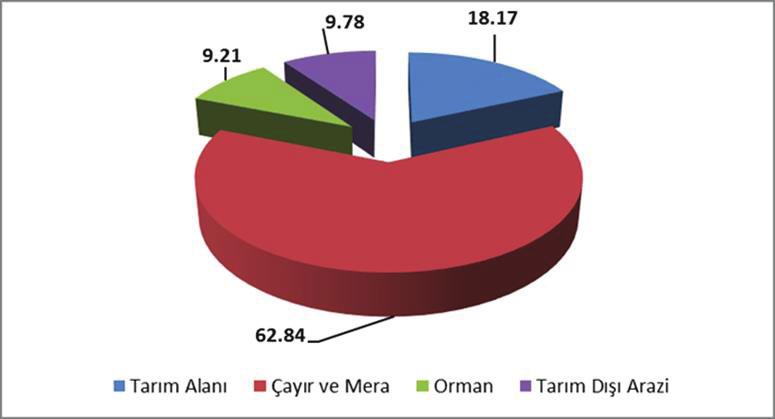 Grafik 8: Arazinin Kullanıma Göre Dağılımı (%) Kaynak: TUİK, TC Erzurum Valiliği, İl Gıda Tarım ve Hayvancılık Müdürlüğü Yaklaşık 78 milyon hektar alana sahip olan Türkiye topraklarının ise %30.