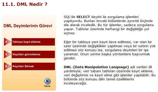 DML (Data Manipulation Language) 11.2. Tabloya Satır Ekleme Bir tabloya yeni bir satır eklemek gerektiğinde INSERT INTO deyimi kullanılır.