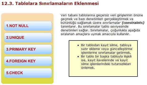 Veri tabanında, veri bütünlüğünü sağlayan çeşitli sınırlamalar