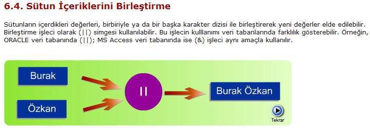 Örnek PERSONEL adı ve görev bilgisini birleştirerek, iki sütun bilgisi arasına "-" işaretini yerleştirmek ve tek sütun biçiminde görüntülemek istiyoruz.