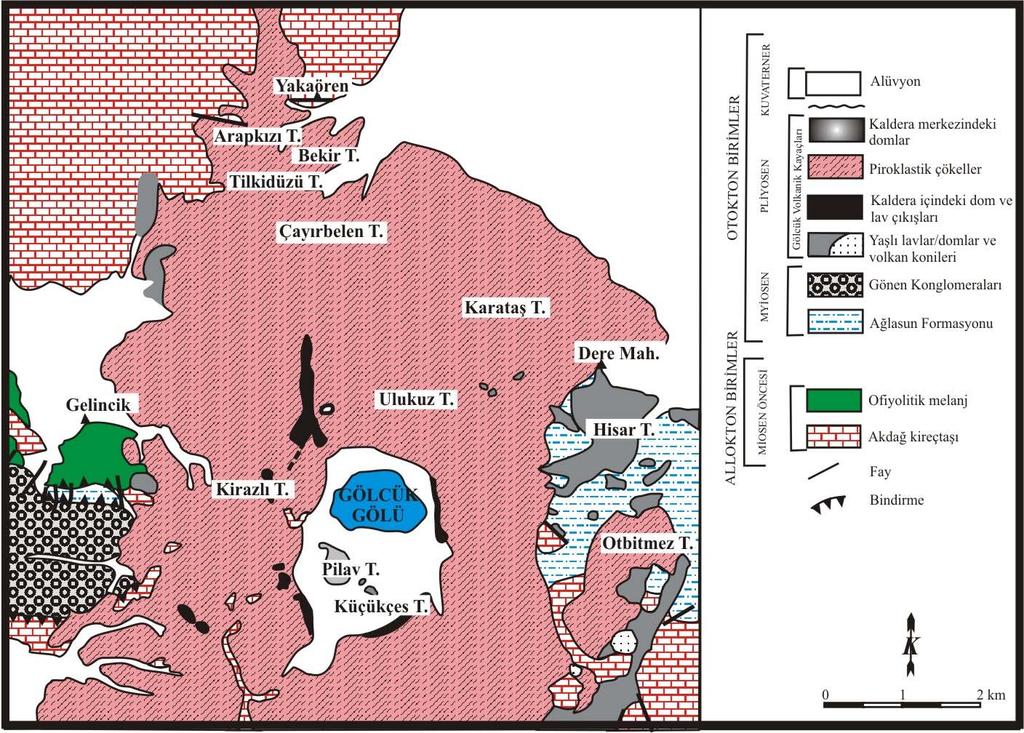 2. ÇALIŞMA ALANININ JEOLOJİSİ İnceleme alanı içerisinde başlıca denizel klastik seri, Jura-Üst Kretase yaşlı kireçtaşı blokları ve volkanosedimanter seri (Likya napları), konglomeralar, tüm bu