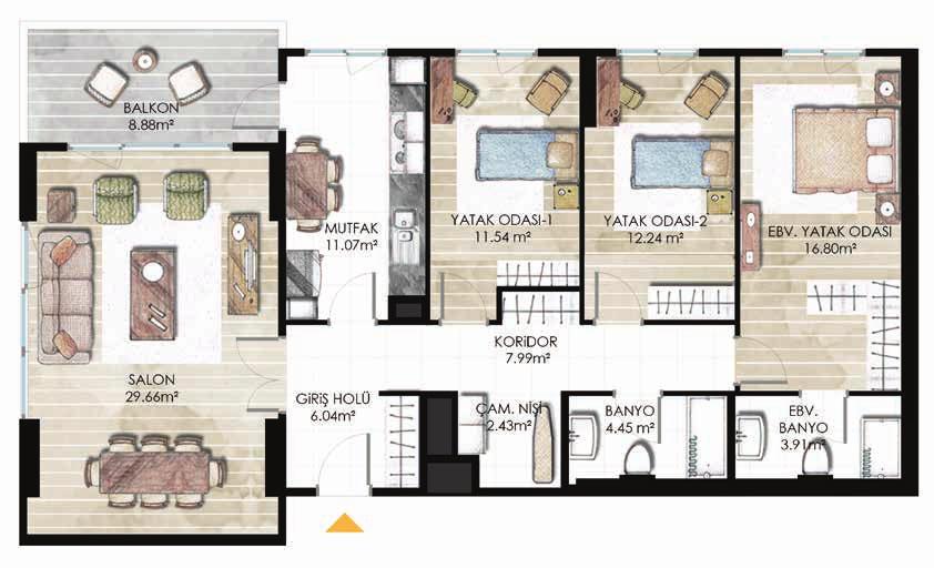 29396 ADA 3 PARSEL A2 BLOK 3+1 TİP 1 3+1 Tİp 1 Net: SALON MUTFAK YATAK O. 1 YATAK O. 2 EBV. YATAK O. EBV. BANYO BANYO ÇAM. NİŞİ GİRİŞ HOLÜ KORİDOR BALKON 29.66 m 2 11.07 m 2 11.54 m 2 12.24 m 2 16.