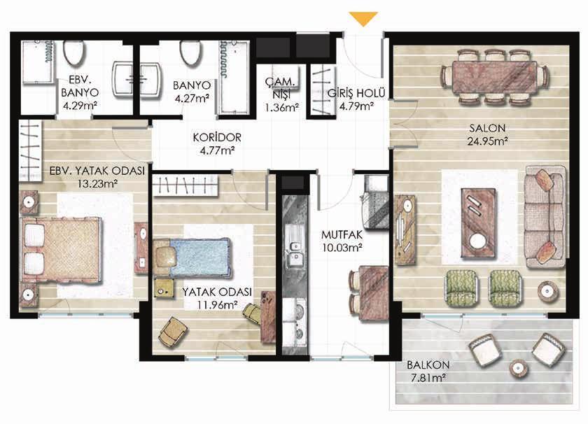 29396 ADA 3 PARSEL B2 BLOK 2+1 TİP 2 2+1 Tİp 2 Net: SALON MUTFAK YATAK O. EBV. YATAK O. EBV. BANYO BANYO ÇAM. NİŞİ GİRİŞ HOLÜ KORİDOR BALKON 24.