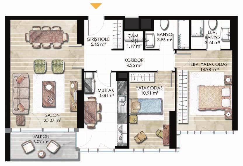 29396 ADA 3 PARSEL C1 BLOK 2+1 TİP 1 2+1 Tİp 1 Net: SALON MUTFAK YATAK O. EBV. YATAK O. EBV. BANYO BANYO ÇAM. NİŞİ KORİDOR GİRİŞ HOLÜ BALKON 25.07 m 2 10.81 m 2 10.91 m 2 14.98 m 2 3.74 m 2 3.