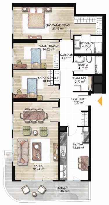 29396 ADA 3 PARSEL C1 BLOK 3+1 TİP 3 3+1 Tİp 3 Net: SALON MUTFAK YATAK O. 1 YATAK O. 2 EBV. YATAK O. EBV. BANYO BANYO ÇAM. NİŞİ GİRİŞ HOLÜ KORİDOR BALKON 30.69 m 2 12.68 m 2 10.43 m 2 10.82 m 2 21.