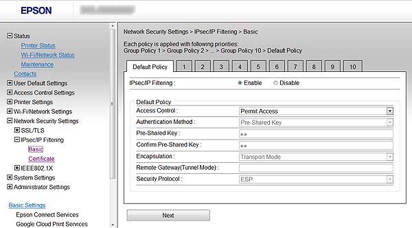 Yazıcının Güvenli Ağda Kullanımı Default Policy Yapılandırma 1. Yazıcının Web Config yazılımına erişin ve Network Security Settings > IPsec/IP Filtering > Basic öğesini seçin. 2.