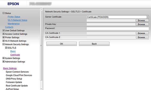 Yazıcının Güvenli Ağda Kullanımı CA İmzalı Sertifika İçe Aktarım Ayarlama Öğeleri Öğeler Server Certificate Private Key Password CA Certificate 1 CA Certificate 2 Bir sertifikanın formatını seçin.