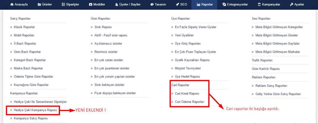 1.8. Raporlar menüsü üzerine geldiğinizde mevcut tüm raporları tek ekran üzerinden ve türüne göre görebileceğiniz bir