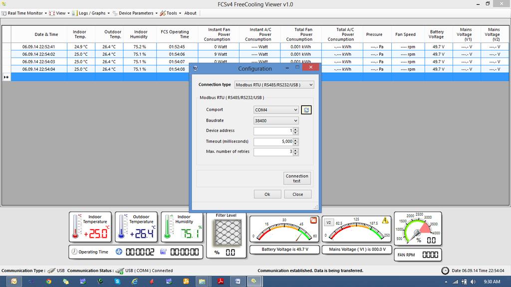 2. USB 2.0 ile Bağlantısı FreeCooling Viewer çalıştırıldıktan sonra Tools ->CommunicationConfiguration menüsü kullanılır ve şekildeki ekran açılır.