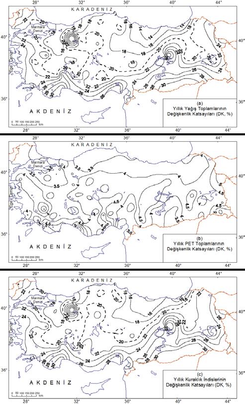 Şekil 7: MGM nin 151 klimatoloji ve meteoroloji istasyonunda kaydedilen uzun süreli gözlemlere göre, (a) yıllık toplam yağış, (b) yıllık toplam PET